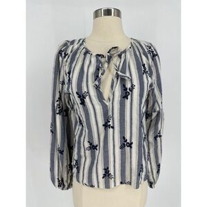 Misa Los Angeles Striped Floral Embroidery Long Sleeve Blouse